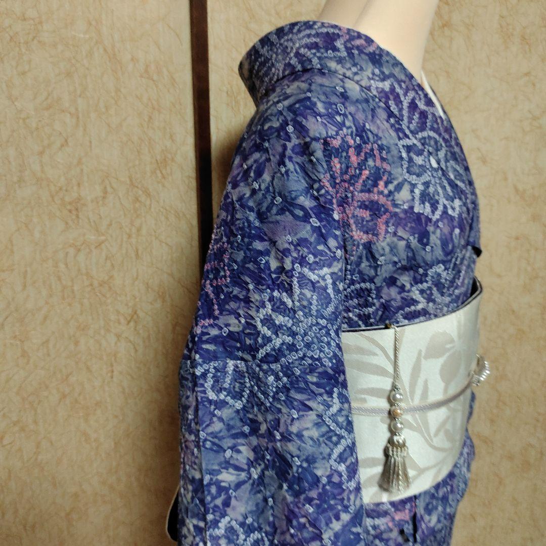 有松鳴海絞り　浴衣　トールサイズ　 お花柄　青〜紫　ピンク白　しつけ付　期間限定