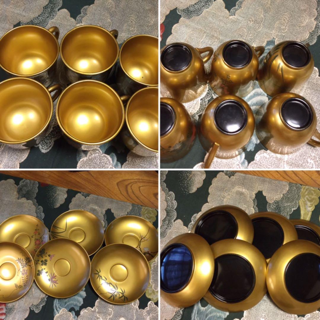 ❣特別出品 極上木製漆 絵替季節の花蒔絵 デミタス6客セット スプーン付