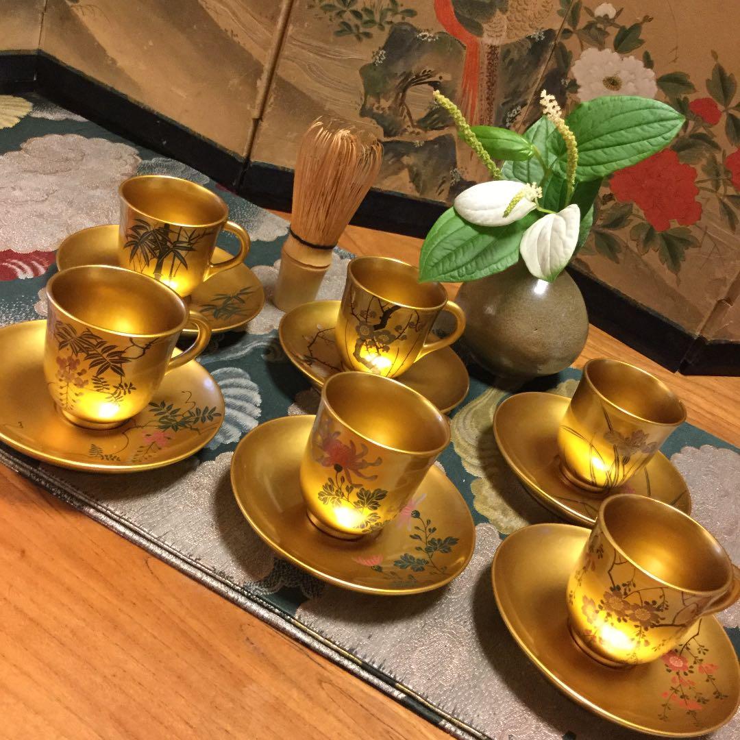 ❣特別出品 極上木製漆 絵替季節の花蒔絵 デミタス6客セット スプーン付