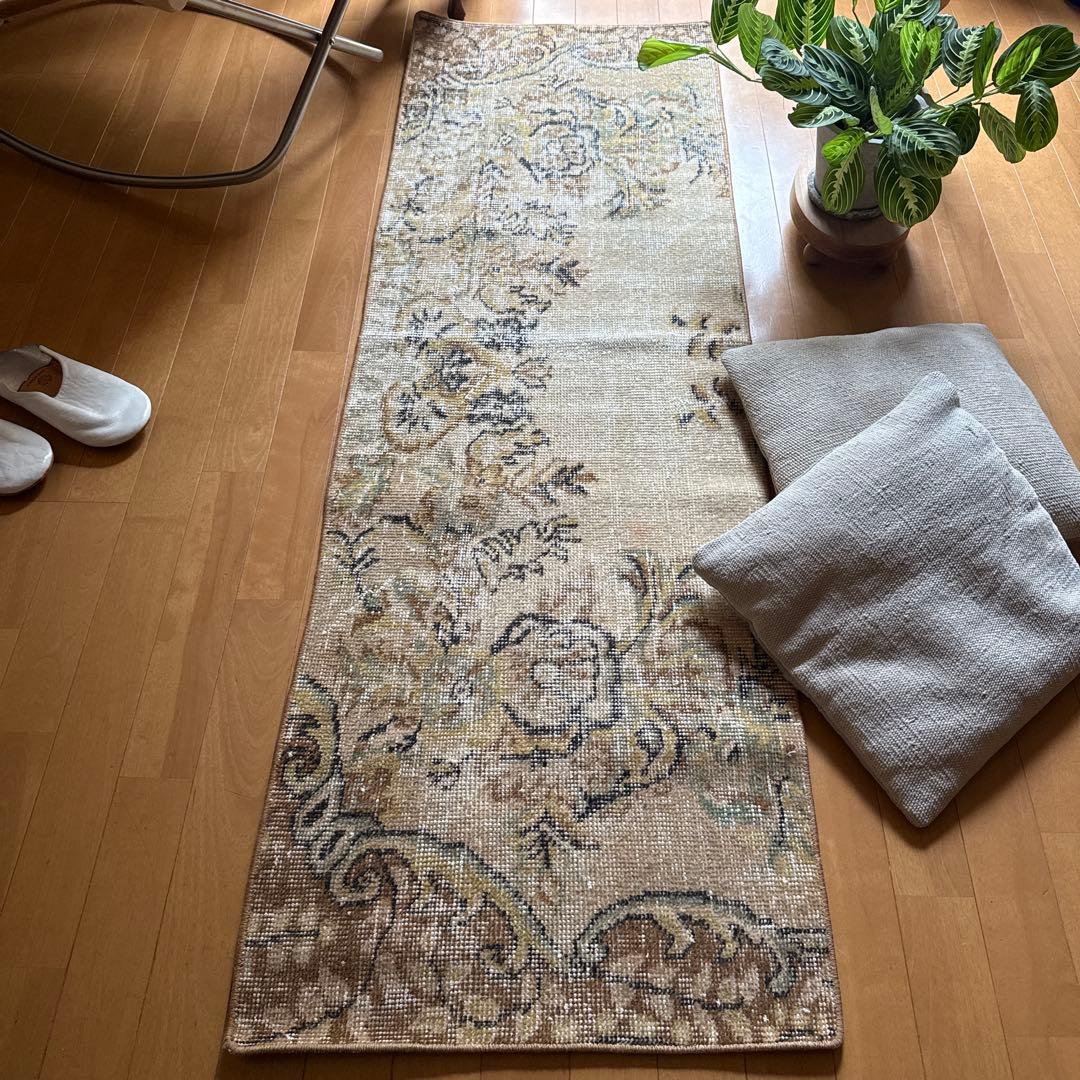 54×165 ロングランナーラグ　ベージュボタニカル　トルコヴィンテージラグ
