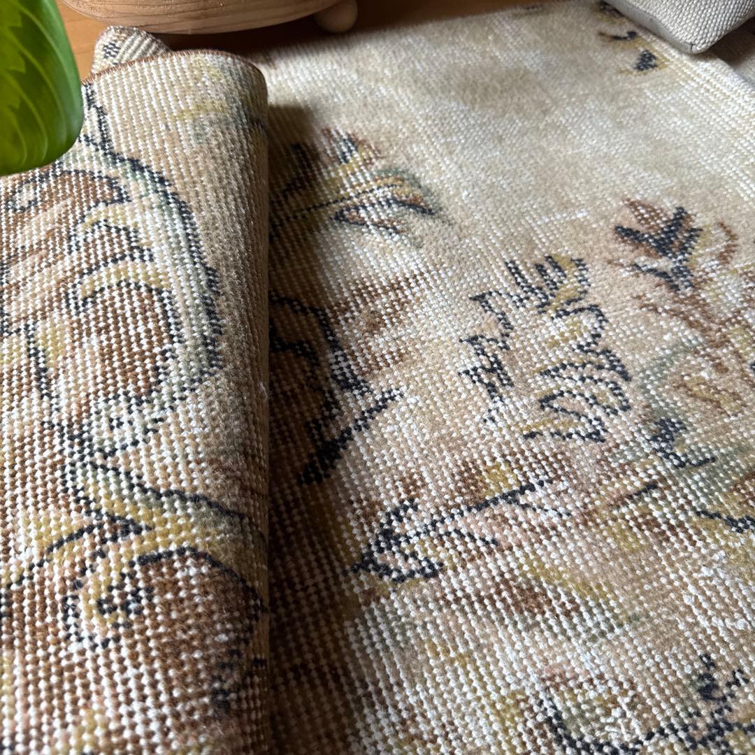 54×165 ロングランナーラグ　ベージュボタニカル　トルコヴィンテージラグ