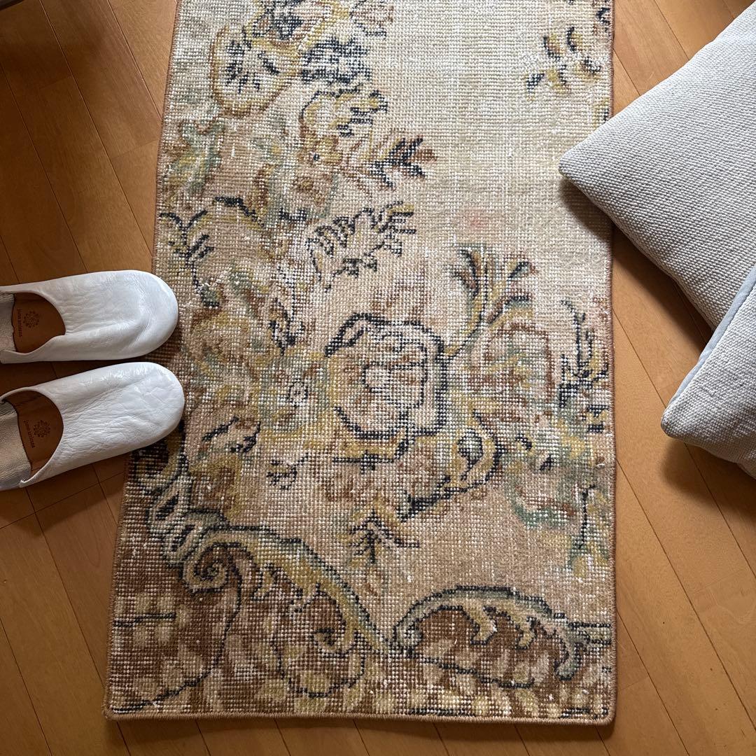 54×165 ロングランナーラグ　ベージュボタニカル　トルコヴィンテージラグ