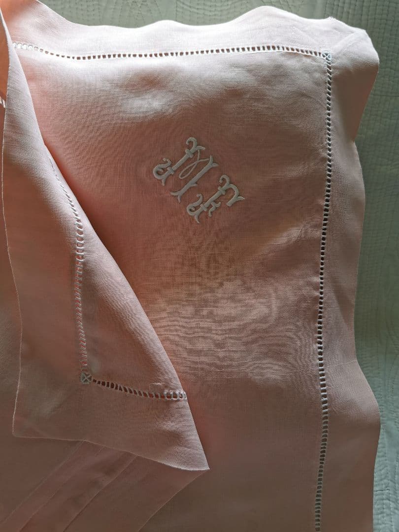 アンティークフランス モノグラムＭＦ手刺繍ピンク リネン大判クッションカバー