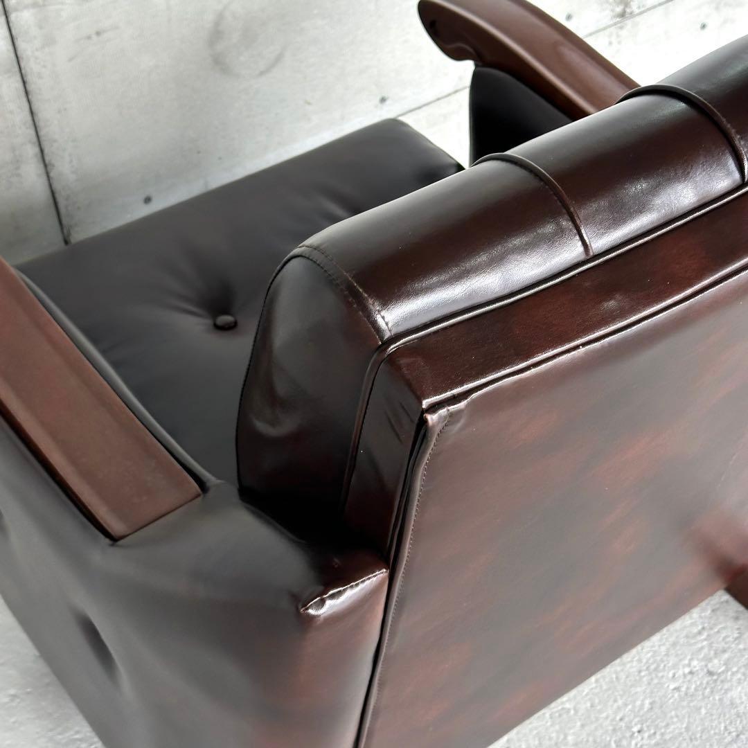 ✦昭和レトロ✦ミッドセンチュリー ラウンジチェア 合皮 × 無垢材装飾 ソファー