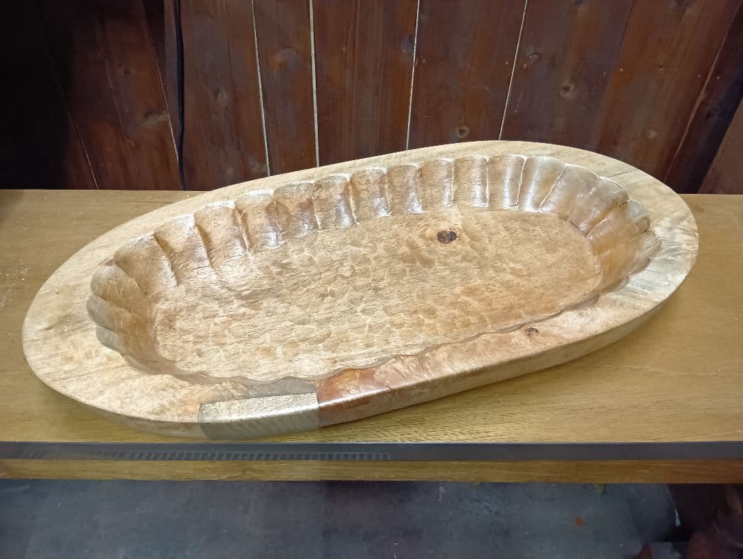 希少　1960's　オールドチーク　無垢材　ウッドカービング　バスケット　トレイ