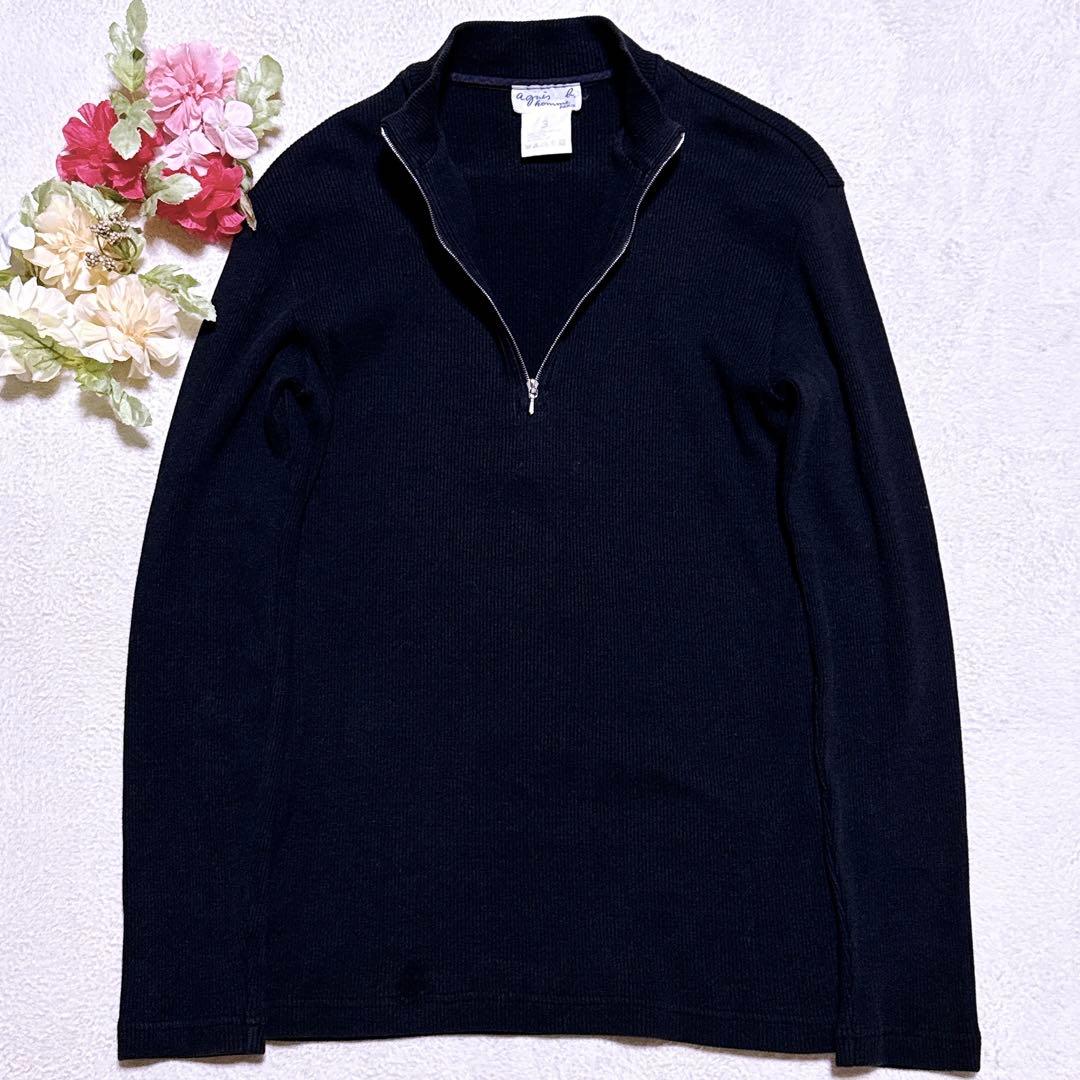 90s【美品】アニエスベーオム ハーフジップ ドライバーズニット ブラック 仏製