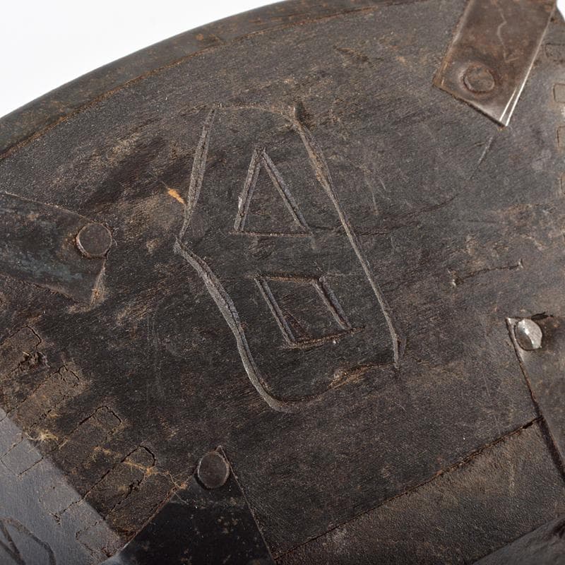 李朝　古民具　唐木製　漢詩刻　鉄金具　持ち手付　小物入　M　R6232