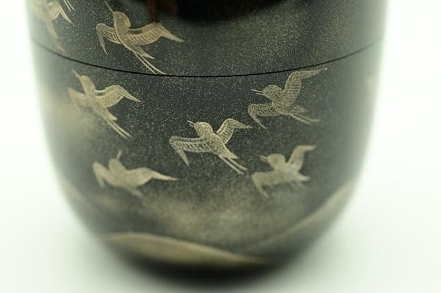 塗師　林勝　黒　大棗　墨絵　波千鳥　内銀平目　茶道具　二重箱　美品