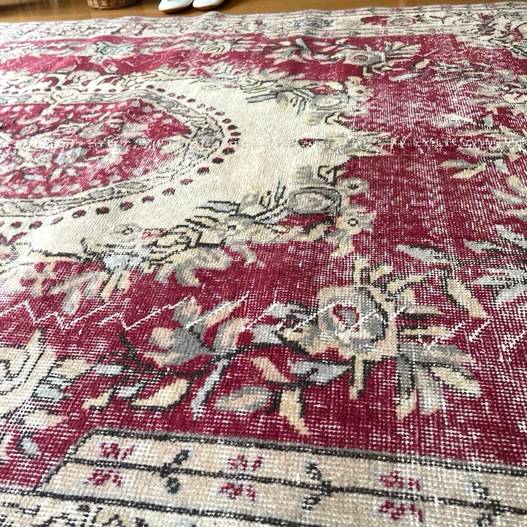 超大判168×290 メダリオン　くすみレッド　ボタニカルトルコヴィンテージラグ