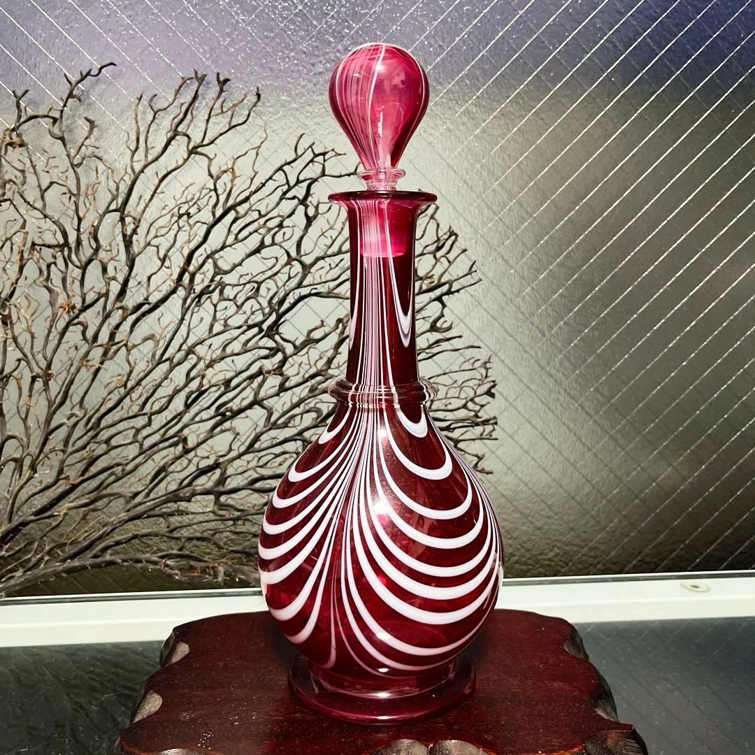 骨董　時代ガラス　希少　金赤ガラス　掻き揚げ紋　カラフェ　酒器　ウランガラス