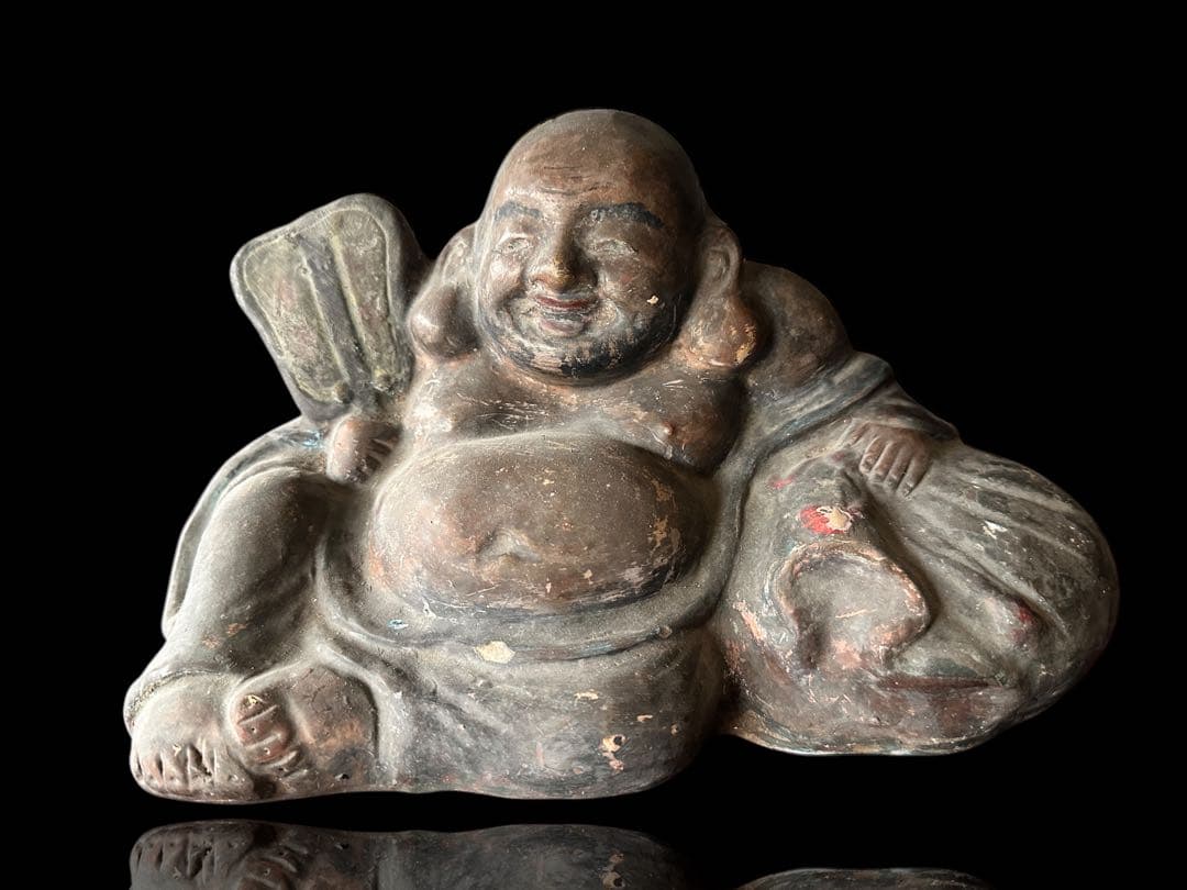 希少 江戸期 伏見人形 鵤幸右衛門 彩色布袋座像 銘【伏見 人形や 幸右衛門】