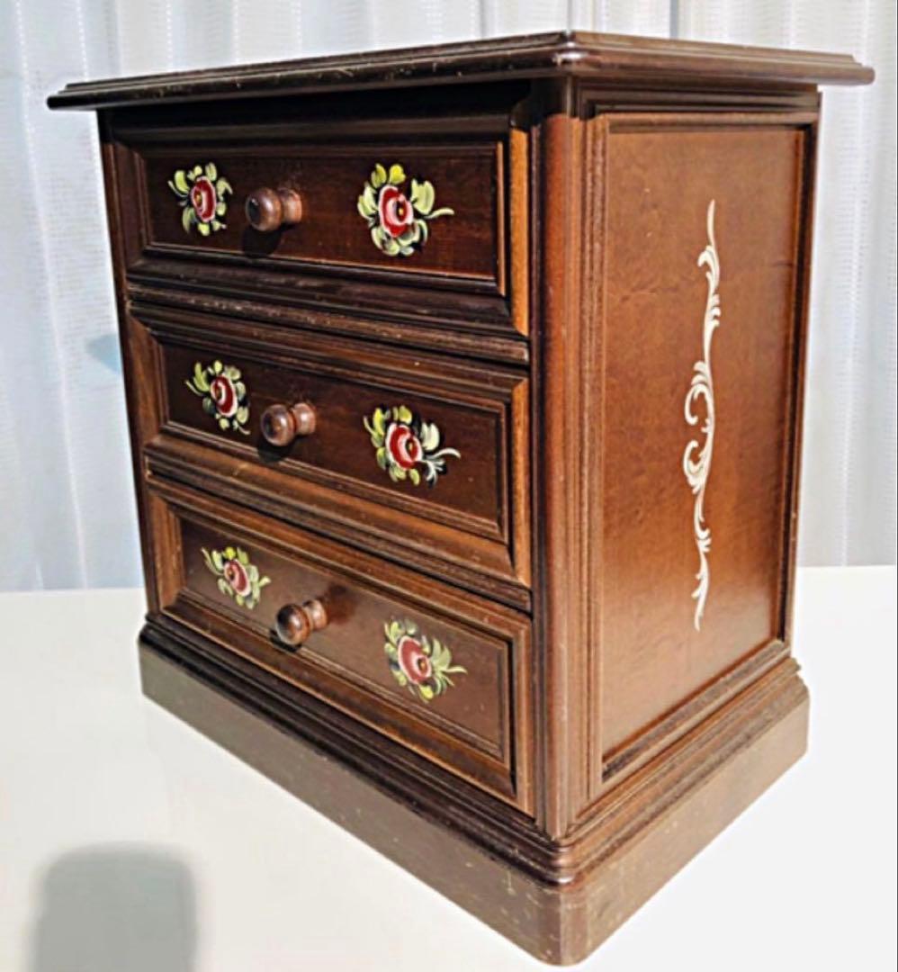 レトロ/アンティーク/ビンテージ◆木製３段チェスト◆薔薇トールペイント◆イタリア