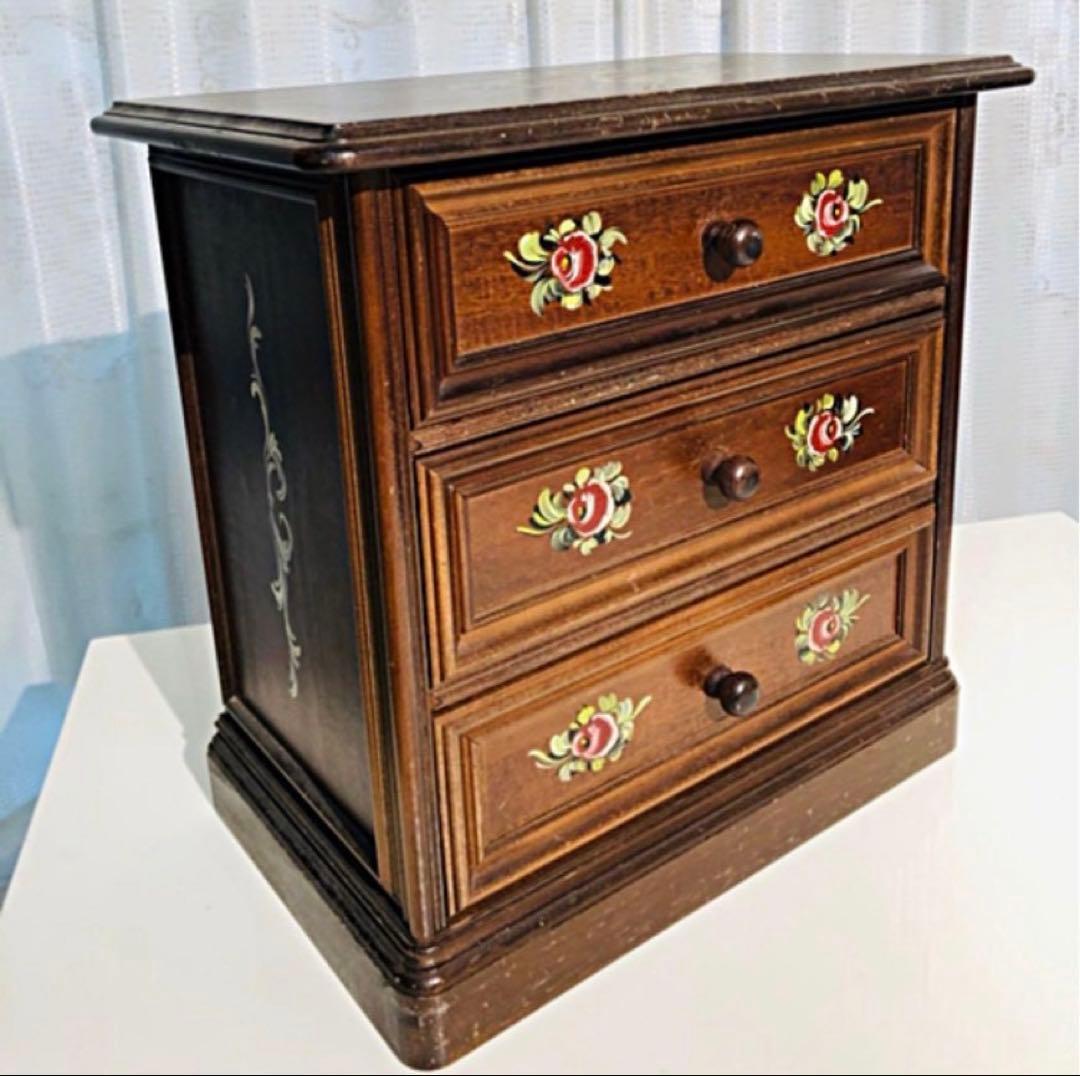 レトロ/アンティーク/ビンテージ◆木製３段チェスト◆薔薇トールペイント◆イタリア
