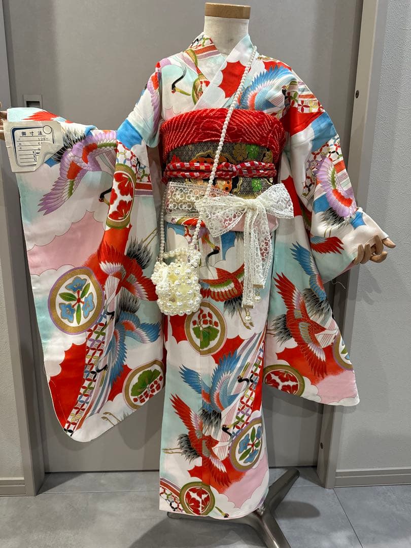 正絹　七五三 赤と白の鶴模様 着物　レトロ　フルセット
