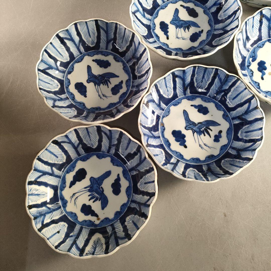 A1349-4/古伊万里染付雲鶴文輪花皿8客/銘々皿/飾鉢/盛鉢/懐石道具/