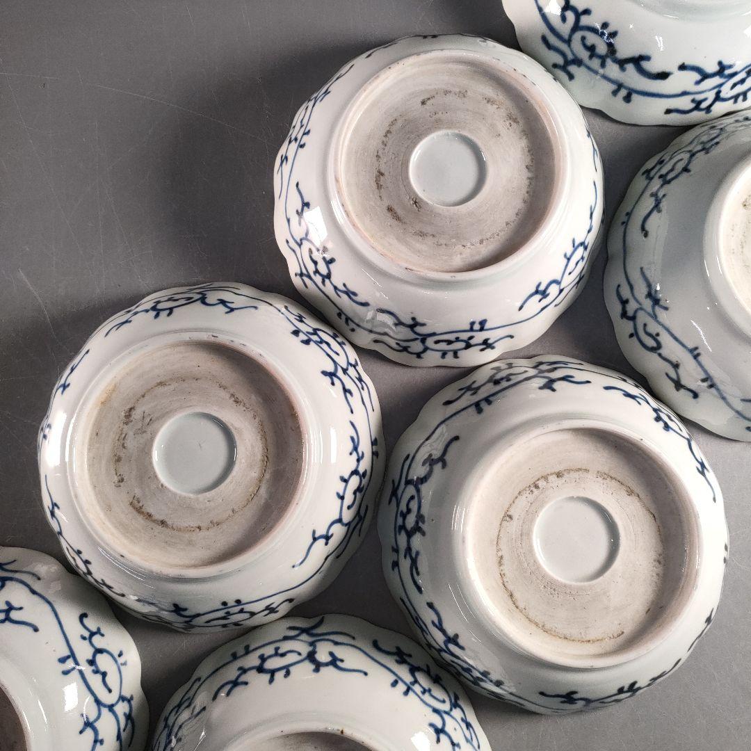 A1349-4/古伊万里染付雲鶴文輪花皿8客/銘々皿/飾鉢/盛鉢/懐石道具/