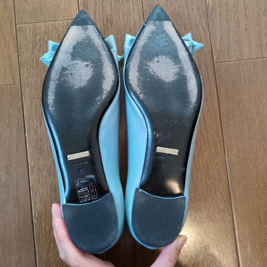 GUCCI リボン付きライトブルーフラットシューズ 35