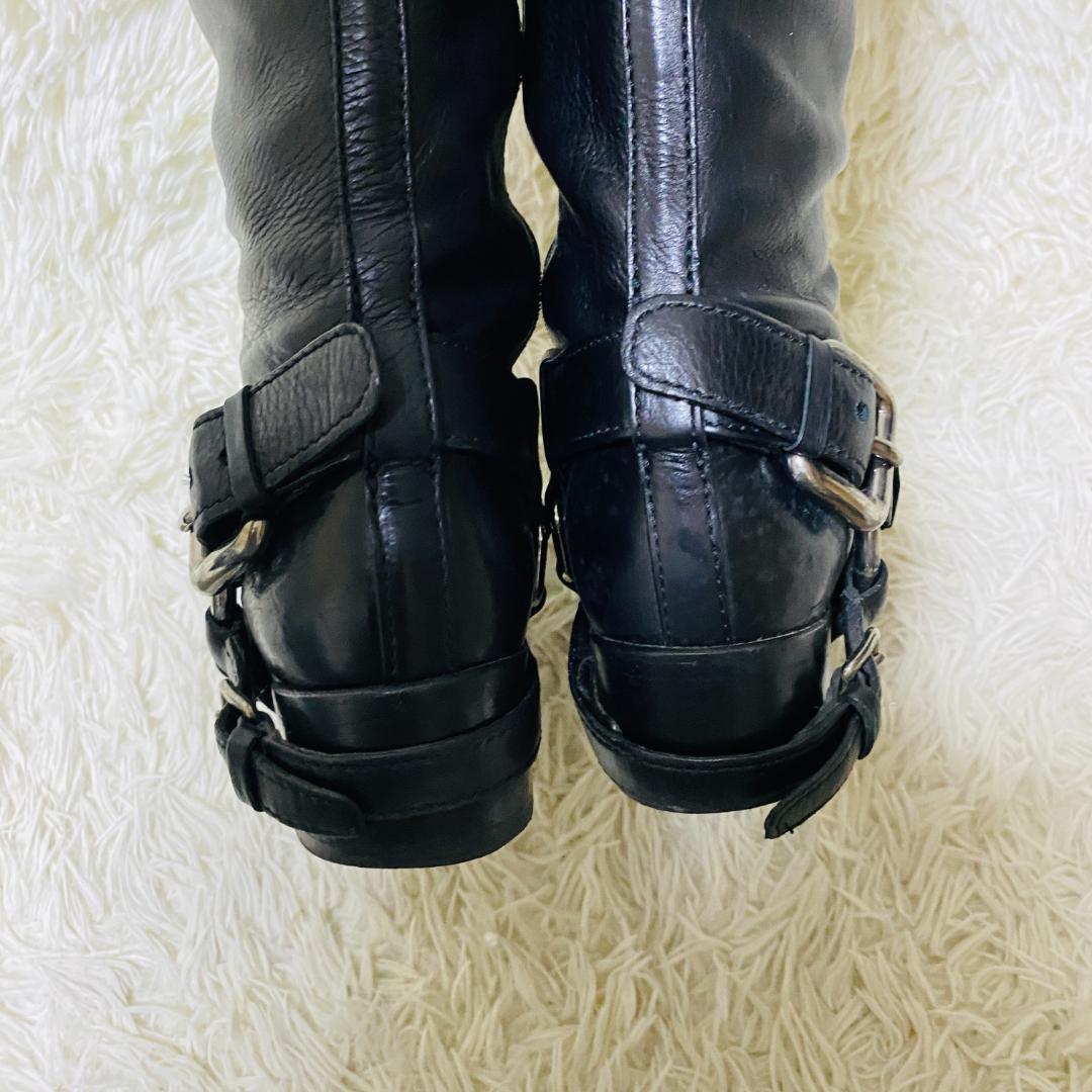 ミュウミュウ MIUMIU バックル付き 黒 レザー ロングブーツ 24cm