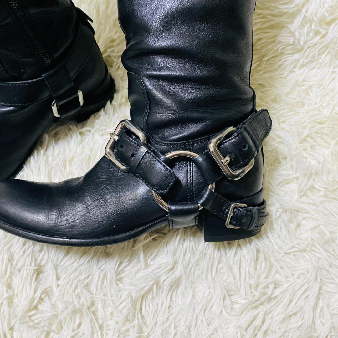 ミュウミュウ MIUMIU バックル付き 黒 レザー ロングブーツ 24cm