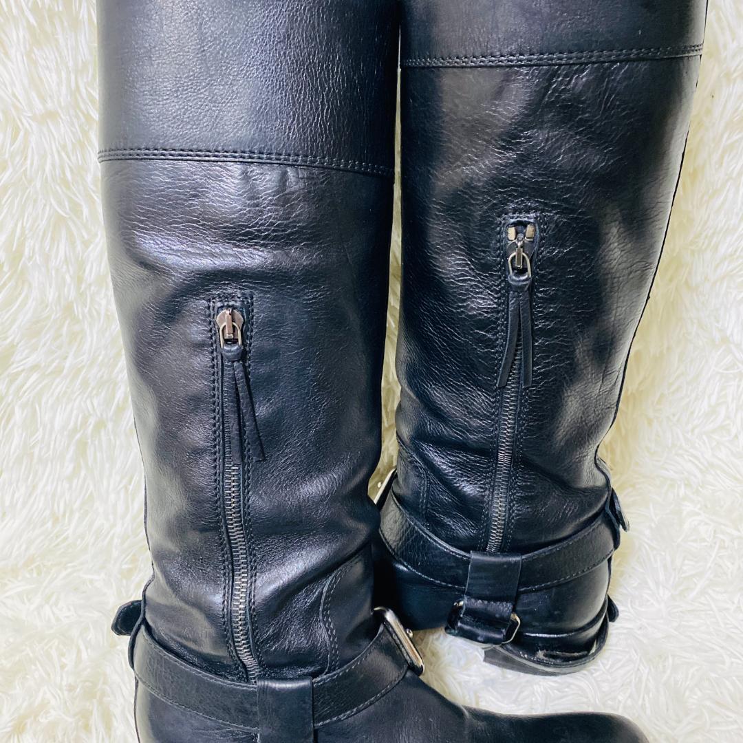 ミュウミュウ MIUMIU バックル付き 黒 レザー ロングブーツ 24cm