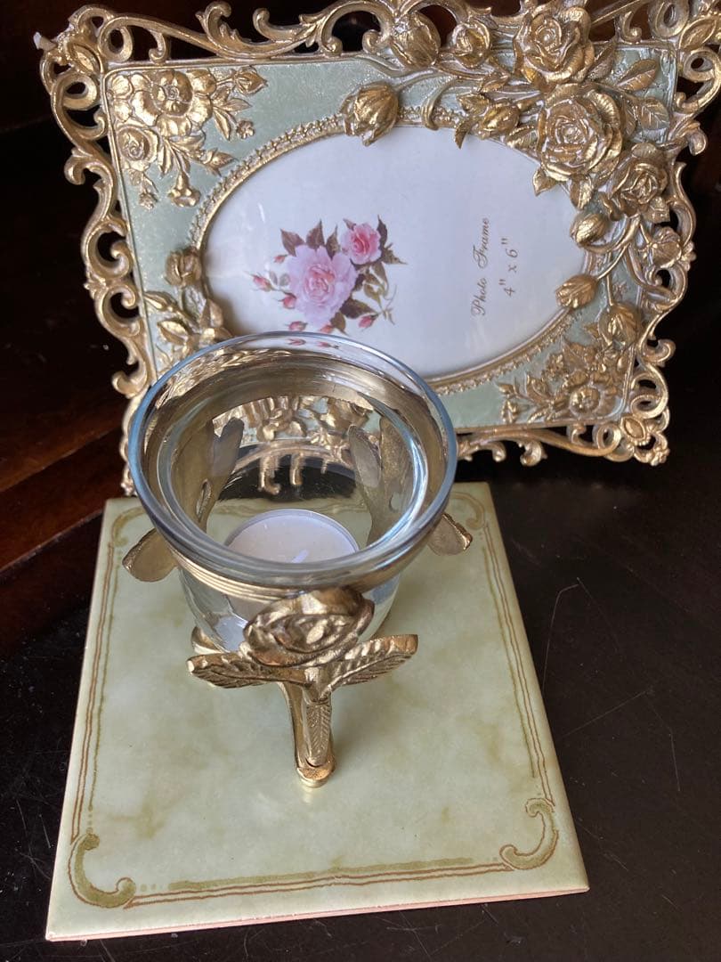 ヴィンテージ　ITALY 真鍮の薔薇★ガラスキャンドルホルダー　ポプリ入れ　花瓶