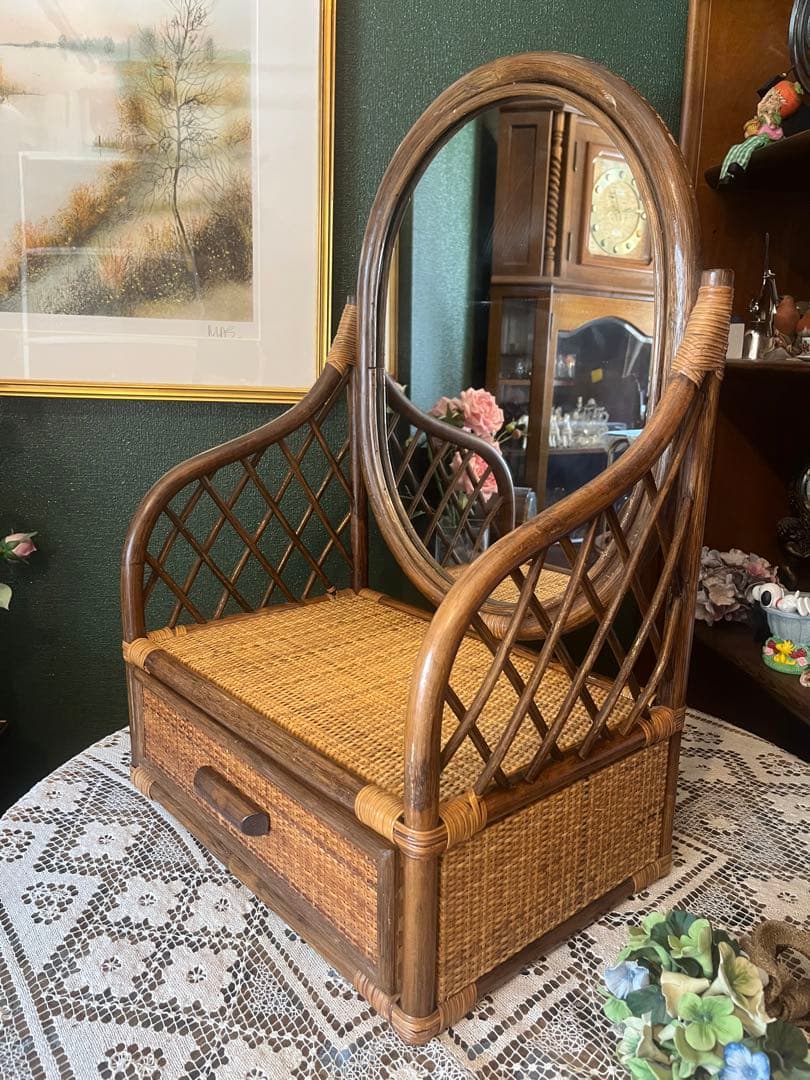 ドレッサー 置型 鏡 ミラー 籐 ラタン インテリア 昭和レトロ 当時物