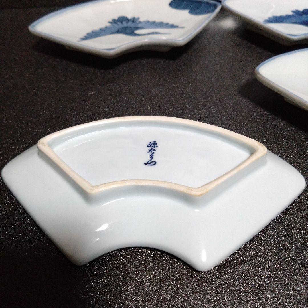 未使用 有田焼 源右衛門 扇形銘々皿5枚 鶴絵柄　お祝い