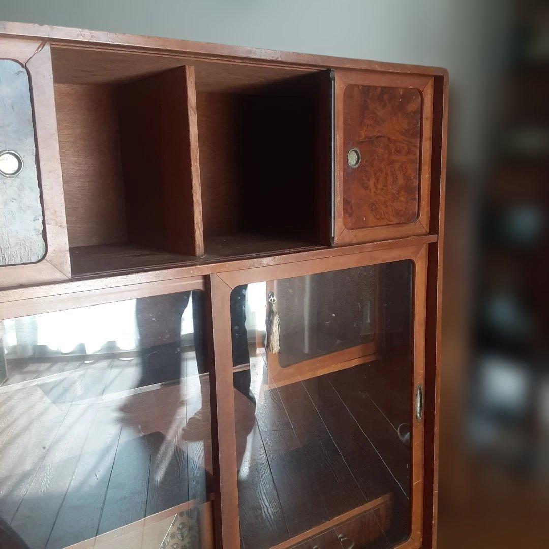 茶箪笥　アンティーク 木製キャビネット ガラス扉付き　昭和レトロ
