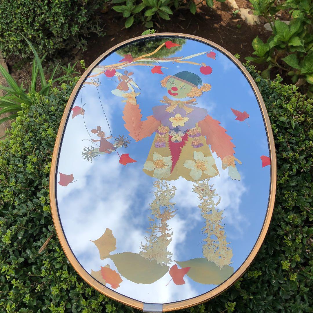 ミラー、壁掛け、ピエロ、押花葉っぱ鏡
