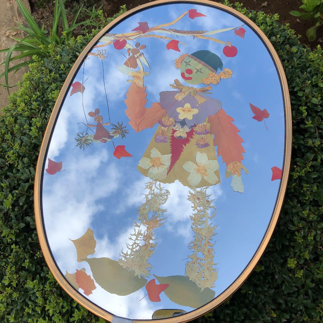 ミラー、壁掛け、ピエロ、押花葉っぱ鏡