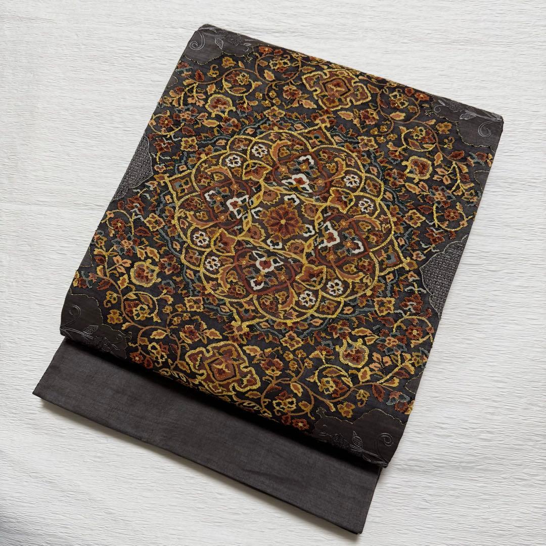 m-91 明綴れ 蘇州・汕頭刺繍　金糸 正絹 袋帯　未使用極美品