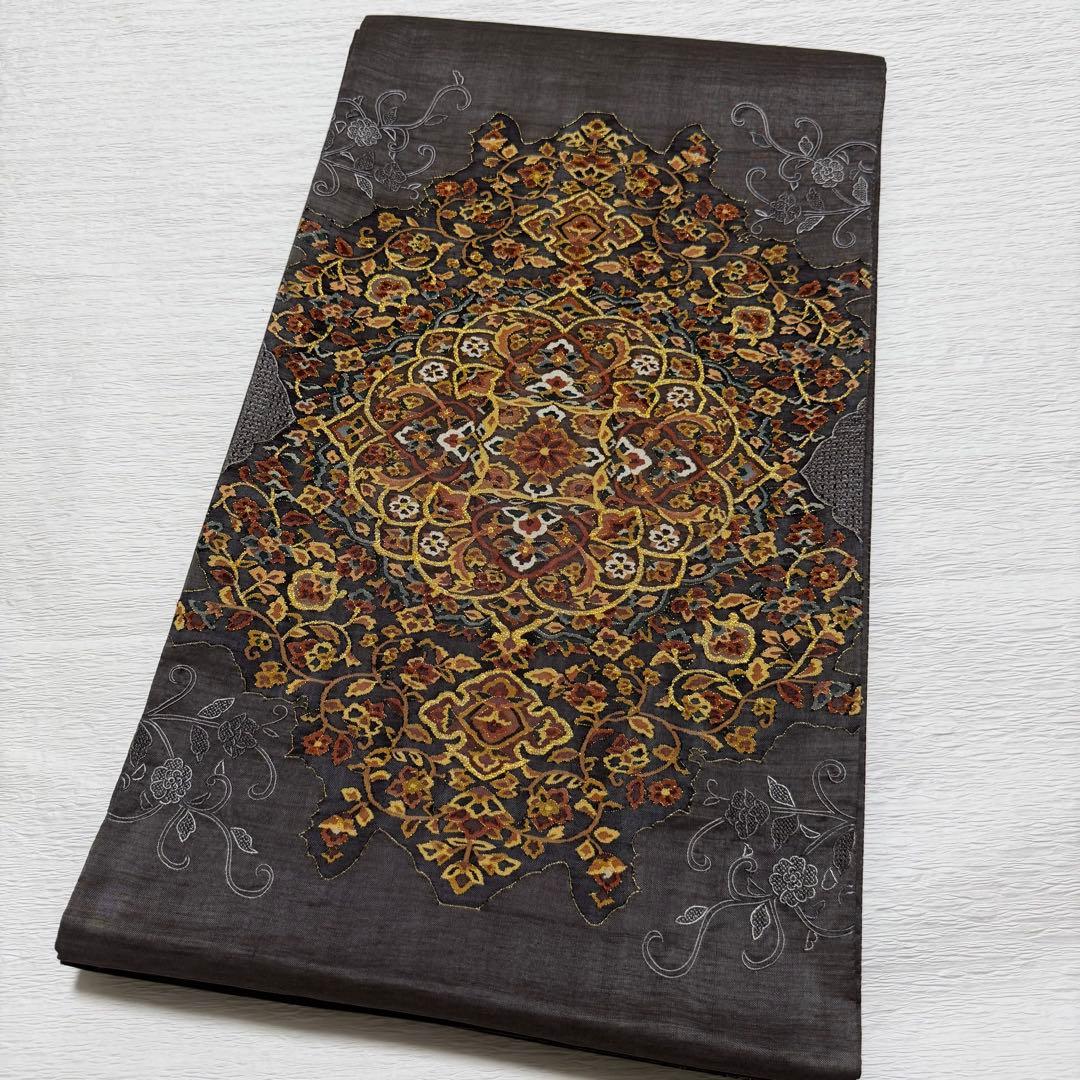 m-91 明綴れ 蘇州・汕頭刺繍　金糸 正絹 袋帯　未使用極美品