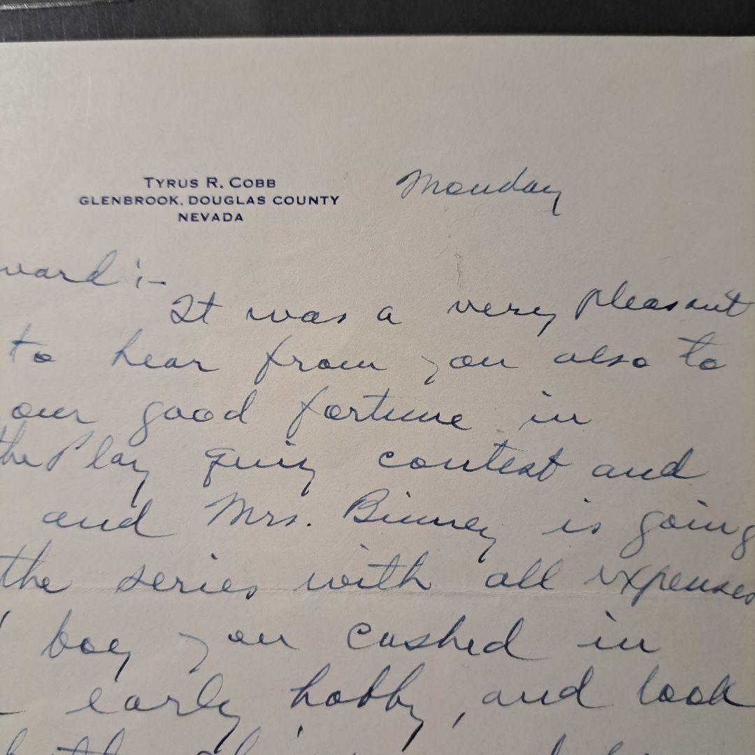 Ty Cobb タイ・カップ　直筆レター　JSA鑑定