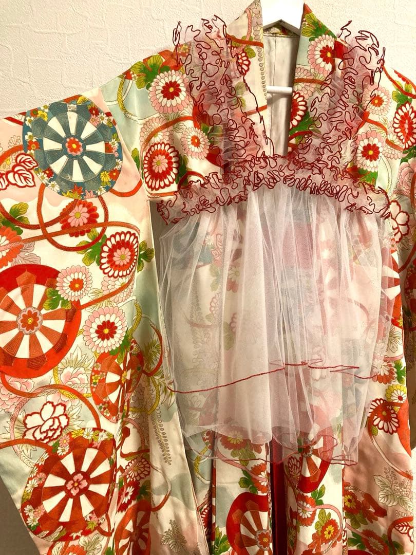 七五三　チュール　フリル　ドレス　被布　白　赤　レトロ　着物　エプロン