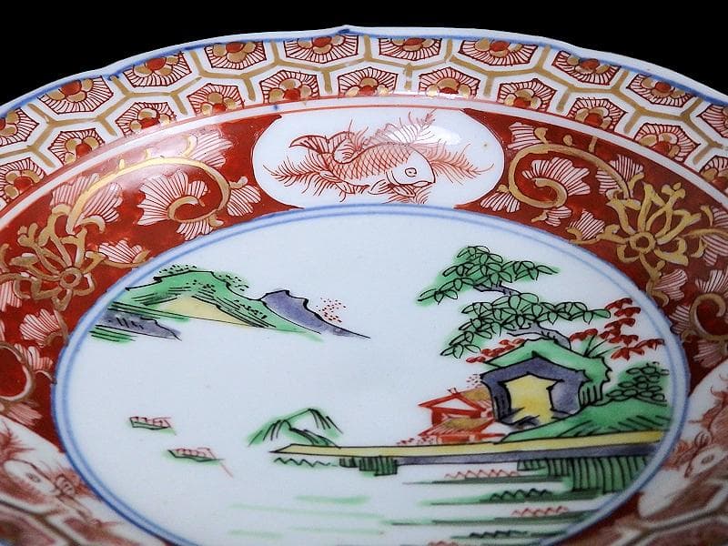 大聖寺伊万里　亀甲紋に金唐草　山水紋の図　５寸皿　５枚　E077AS-CRi