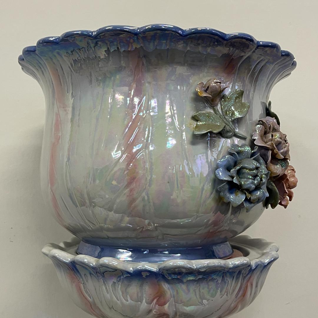 79 立体的 陶花 フラワースタンド 花台 高さ約80cm ブルー オーロラ調