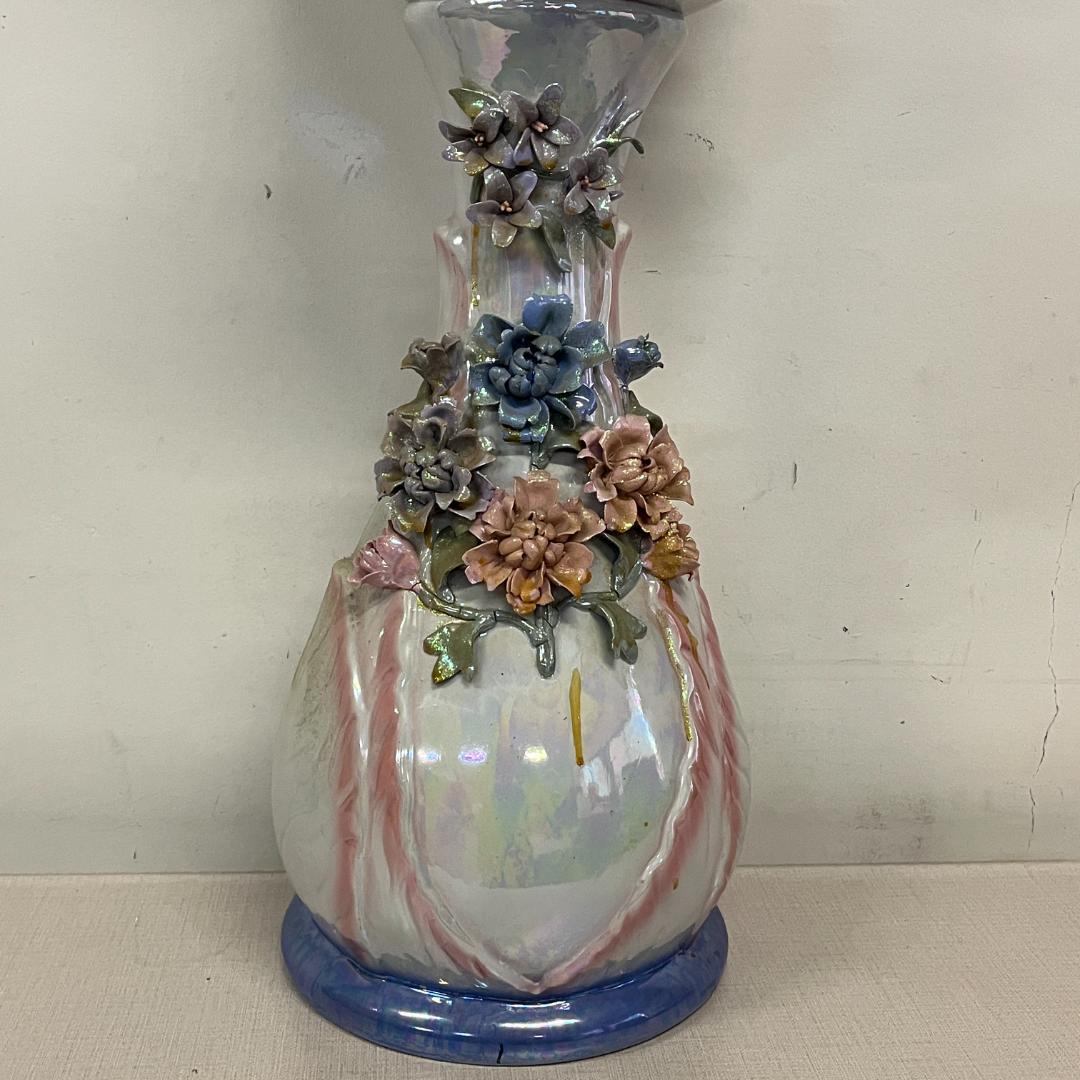 79 立体的 陶花 フラワースタンド 花台 高さ約80cm ブルー オーロラ調