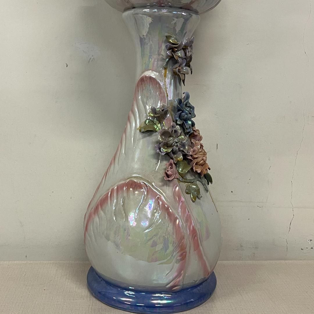 79 立体的 陶花 フラワースタンド 花台 高さ約80cm ブルー オーロラ調