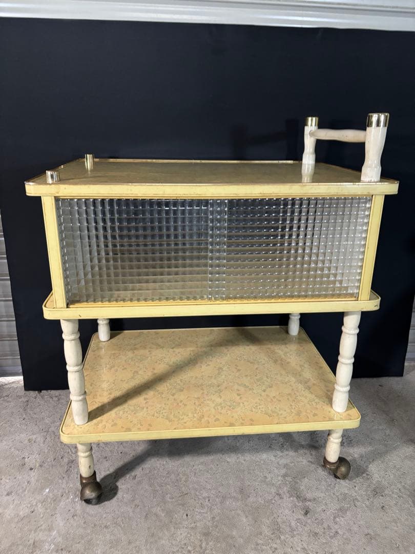 昭和レトロ キッチンワゴン 中古品 花柄 絶版 ガラス戸 アンティーク 家具