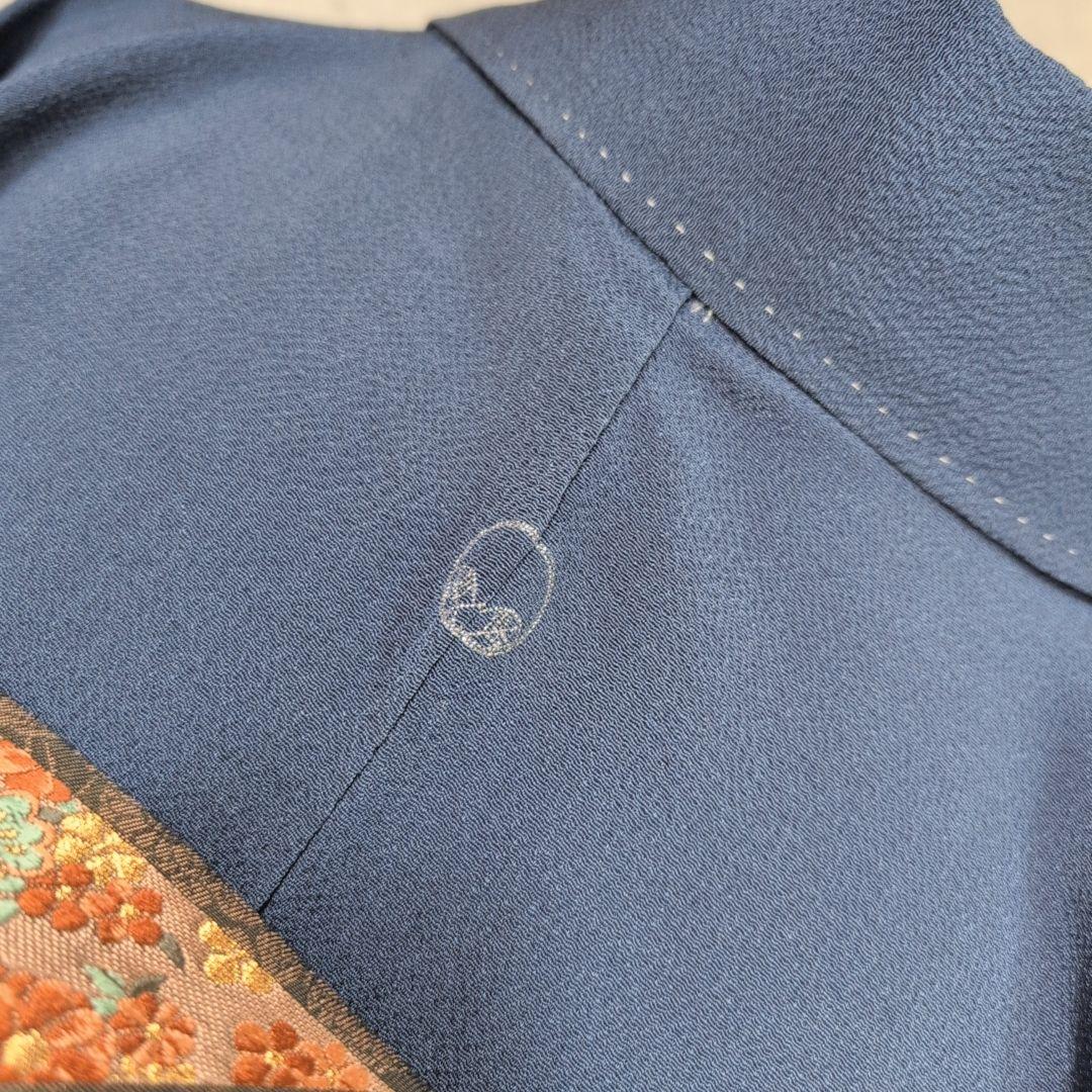 訪問着　フルセット　着物　正絹　青紺　縮緬　刺繍　比翼仕立て　祝い事　E2