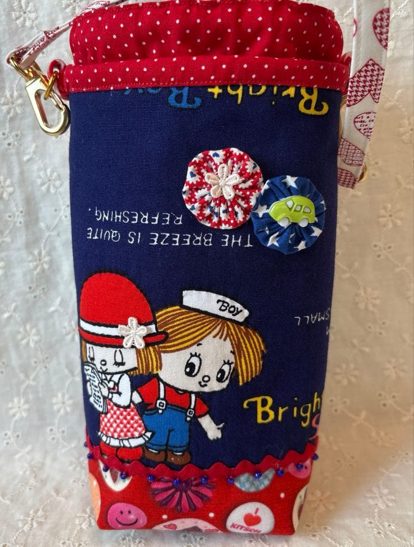 レトロパッチワークトートバッグ4点 ショルダー紐、ポーチ、ペットボトルカバー付き