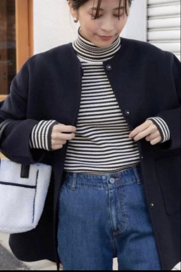 美品アーバンリサーチドアーズ　ウールノーカラーミドルコート　DOORS ネイビー