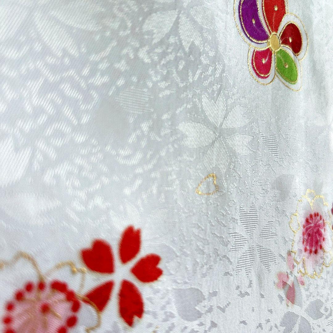 美品　七五三　３歳女の子　長着＆被布＆長襦袢＆小物　白×赤　地紋　桜鼓菊うさぎ