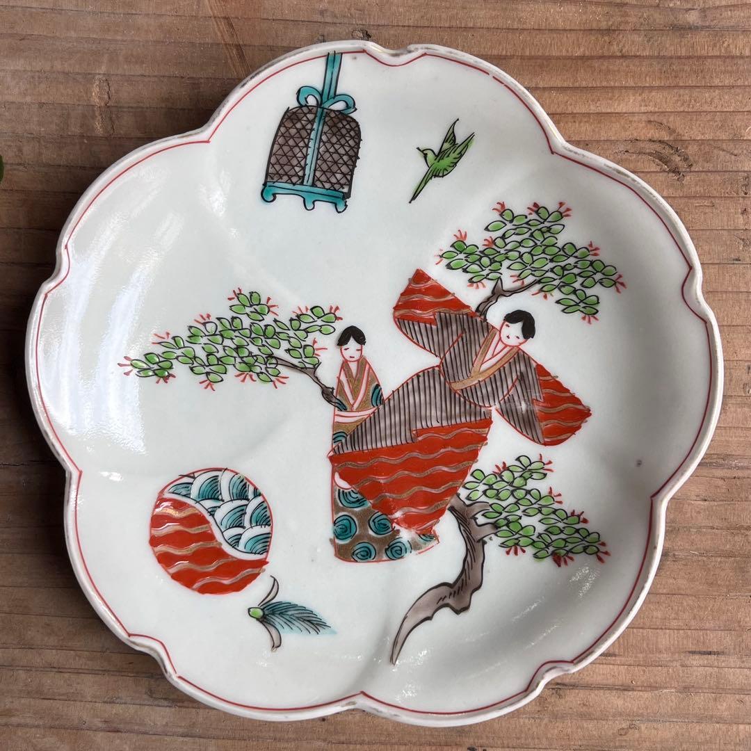 骨董　古伊万里　雛　　立雛　5寸皿　5客組