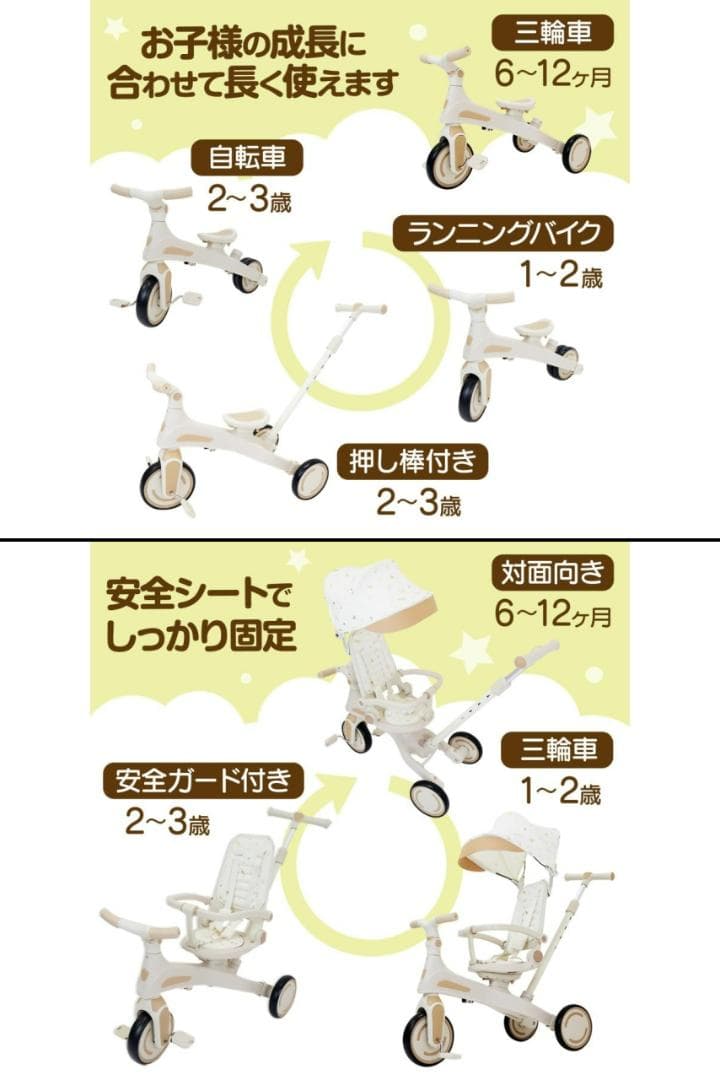 多機能 三輪車 手押し棒付き 折りたたみ 1歳～5歳 安全ベルト付き（ベージュ）