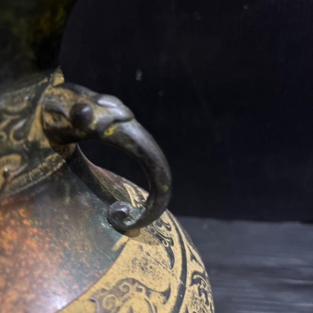 鋳銅 花瓶 双耳壺 銘入り 中国古典文様 青銅器風 古美術