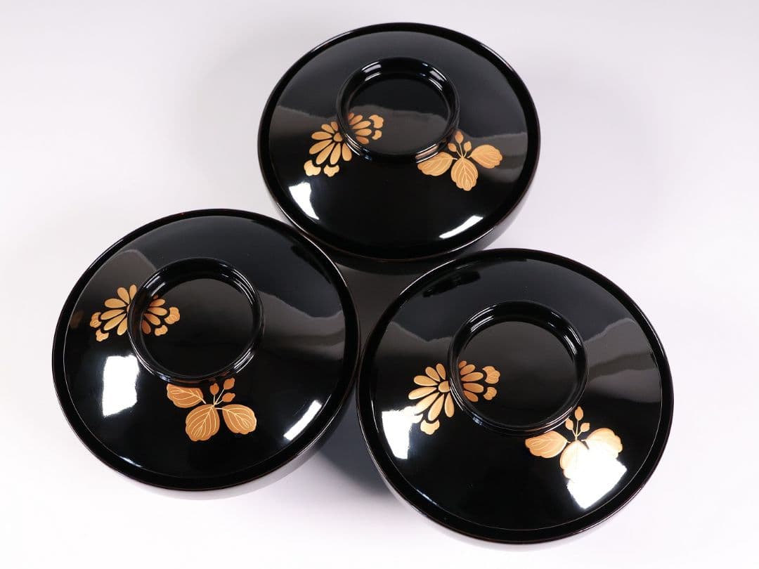 【CM401】天然木漆塗 菊桐鳳凰金蒔絵 黒塗 吸物椀 三客 昭和期 木製漆器