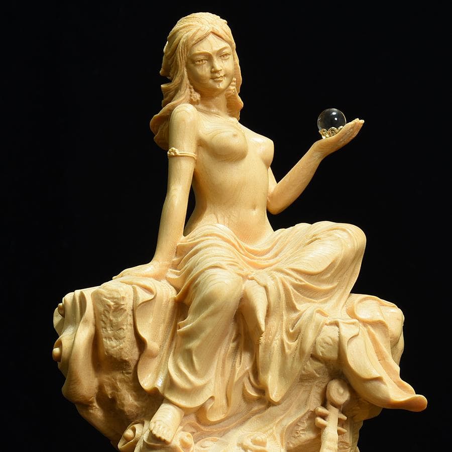 【高さ18cm】水晶宝珠　裸弁天　木彫　美術　仏教　仏像　弁天　弁才天