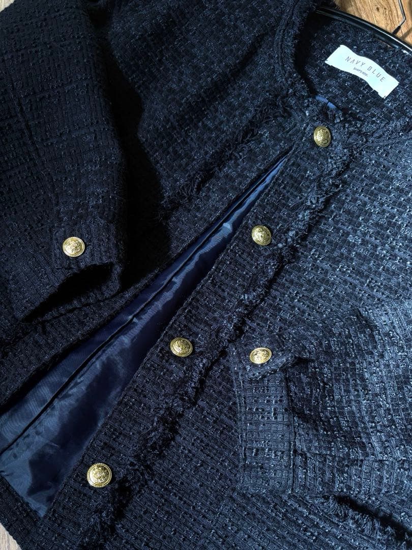 新品　SHIPS any ノーカラー ツイード ジャケットNAVYBLUE