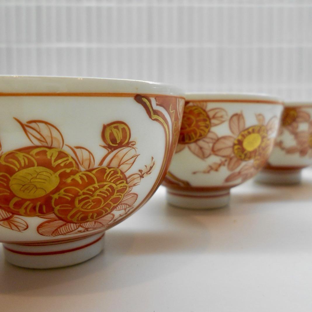 古九谷 細密赤絵 の寿の極意！煎茶碗三客と湯冷まし 九谷銘 煎茶道